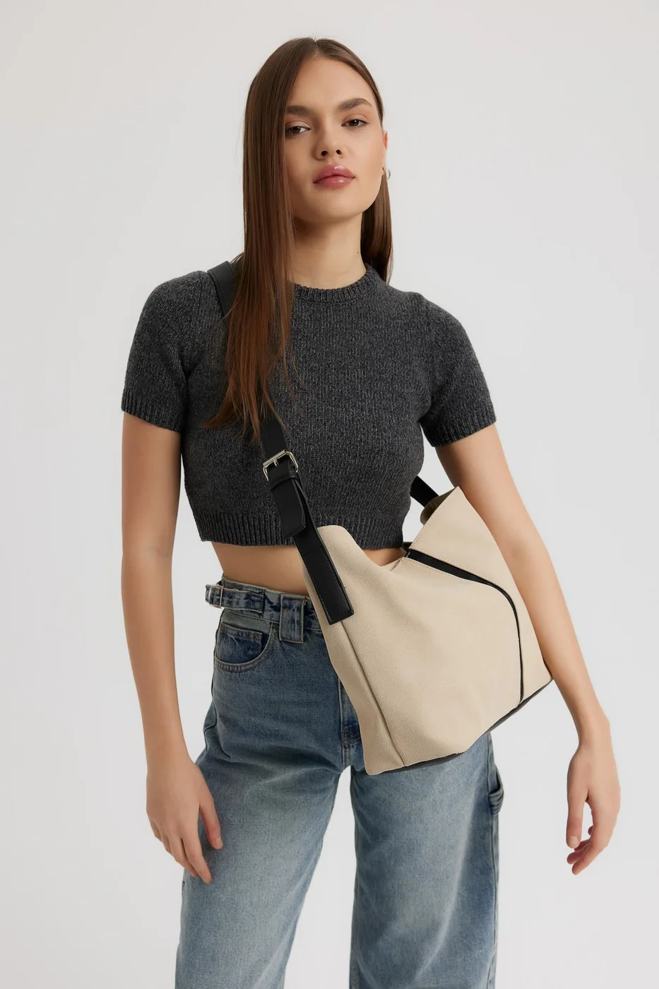faux suede shoulder bag in cream