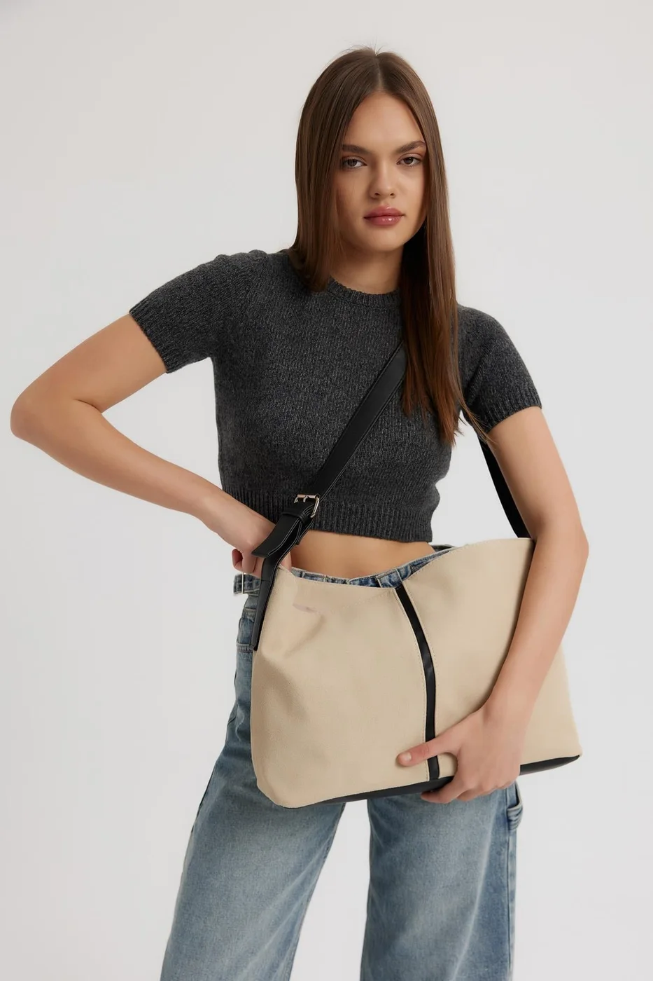 faux suede shoulder bag in cream