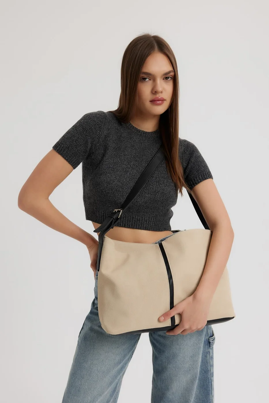faux suede shoulder bag in cream