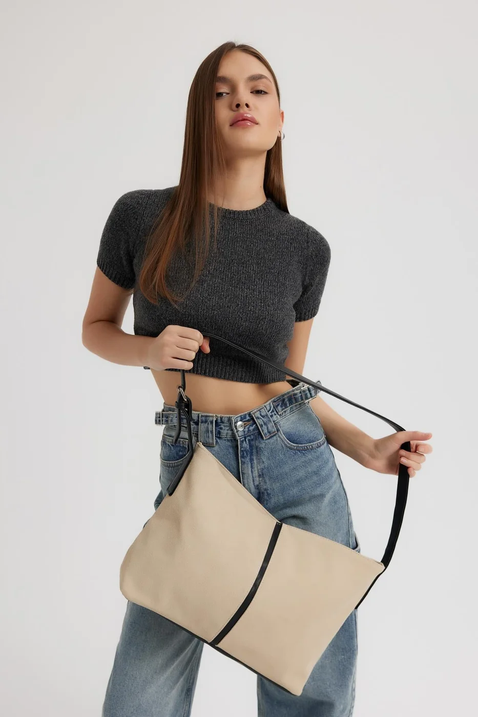 faux suede shoulder bag in cream