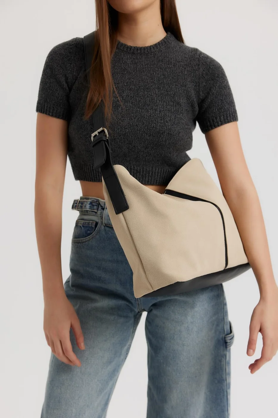 faux suede shoulder bag in cream