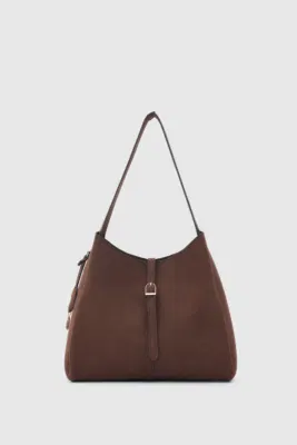faux suede shoulder bag in dark brown