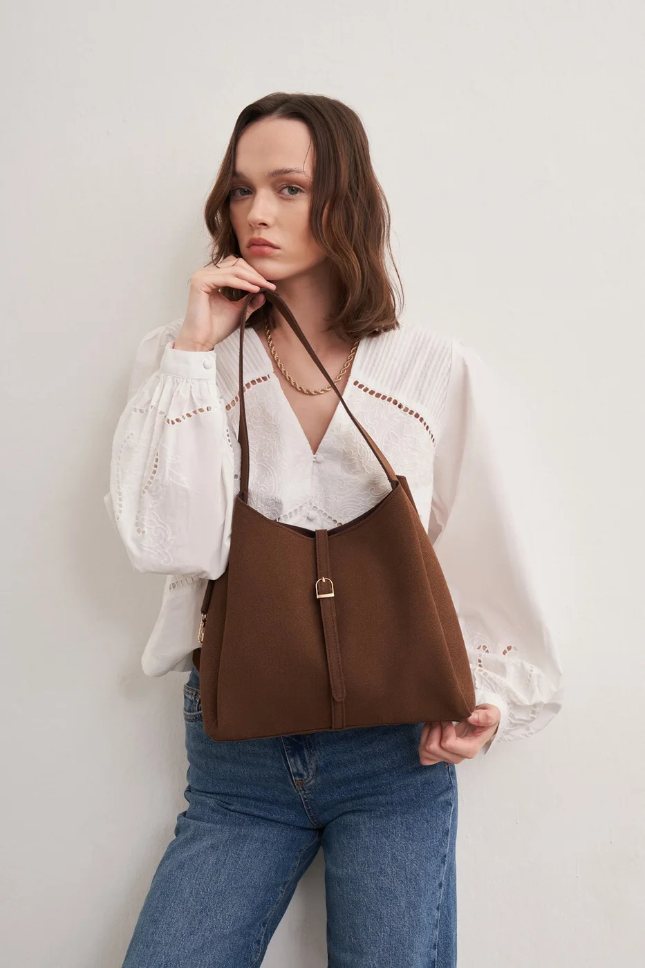 faux suede shoulder bag faux suede shoulder bag in dark brown