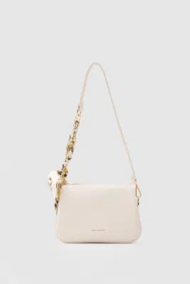Faux leather shoulder bag with scarf detail in cream