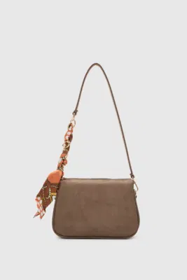 faux suede shoulder bag with scarf detail in taupe