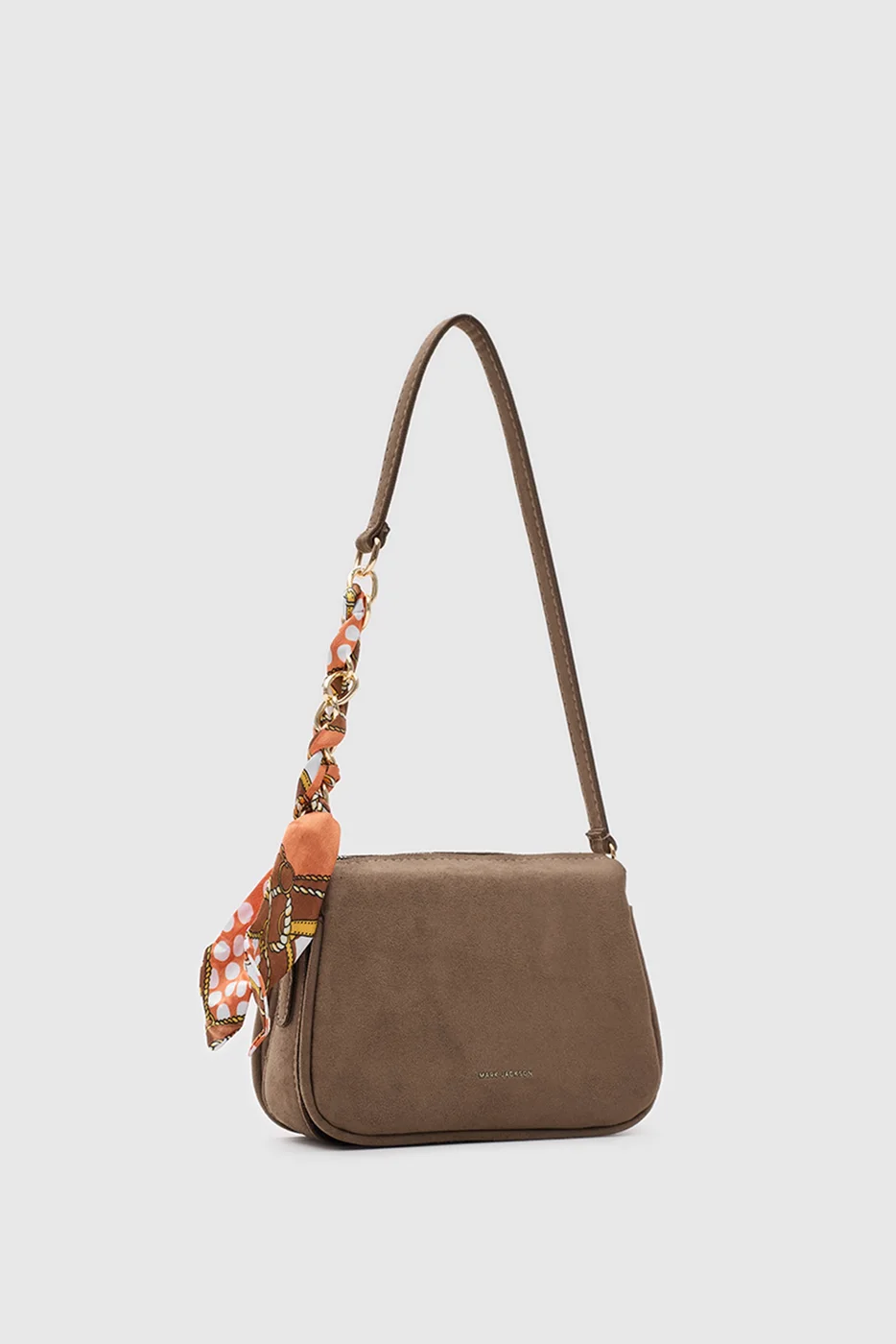 faux suede shoulder bag with scarf detail faux suede shoulder bag with scarf detail in taupe