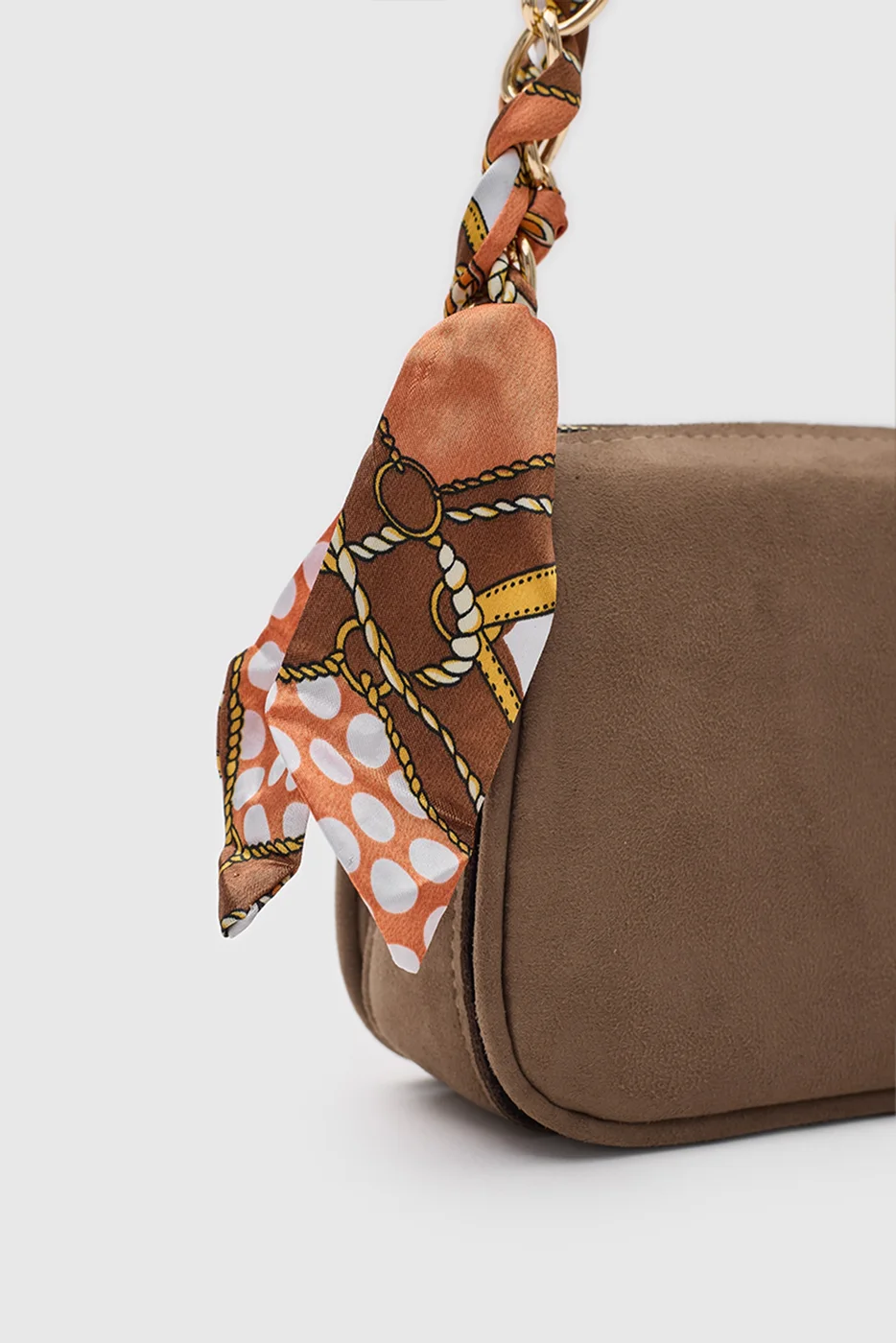 faux suede shoulder bag with scarf detail faux suede shoulder bag with scarf detail in taupe