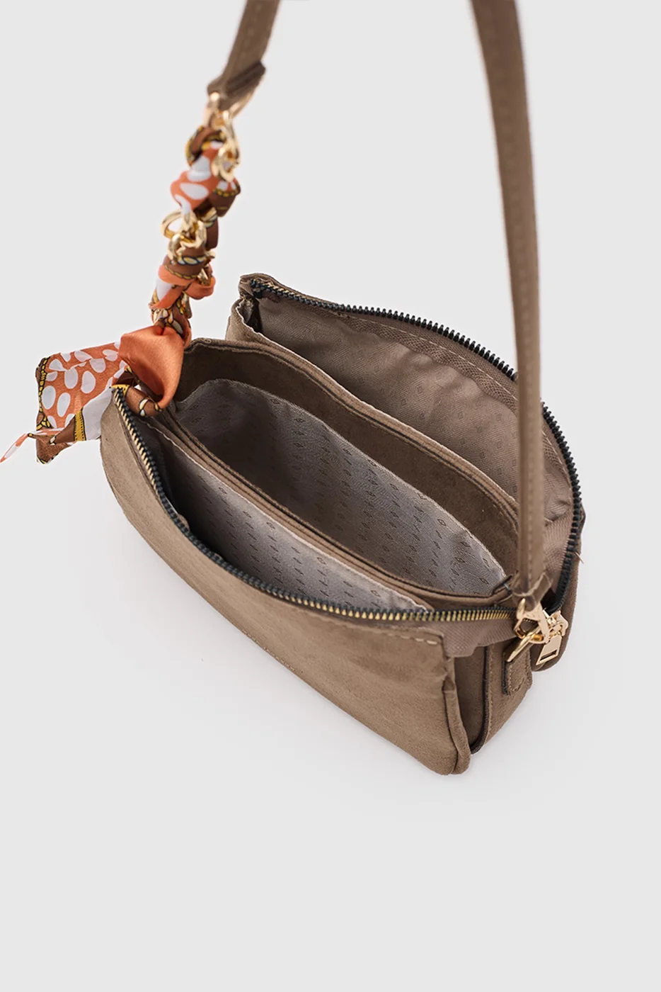 faux suede shoulder bag with scarf detail faux suede shoulder bag with scarf detail in taupe