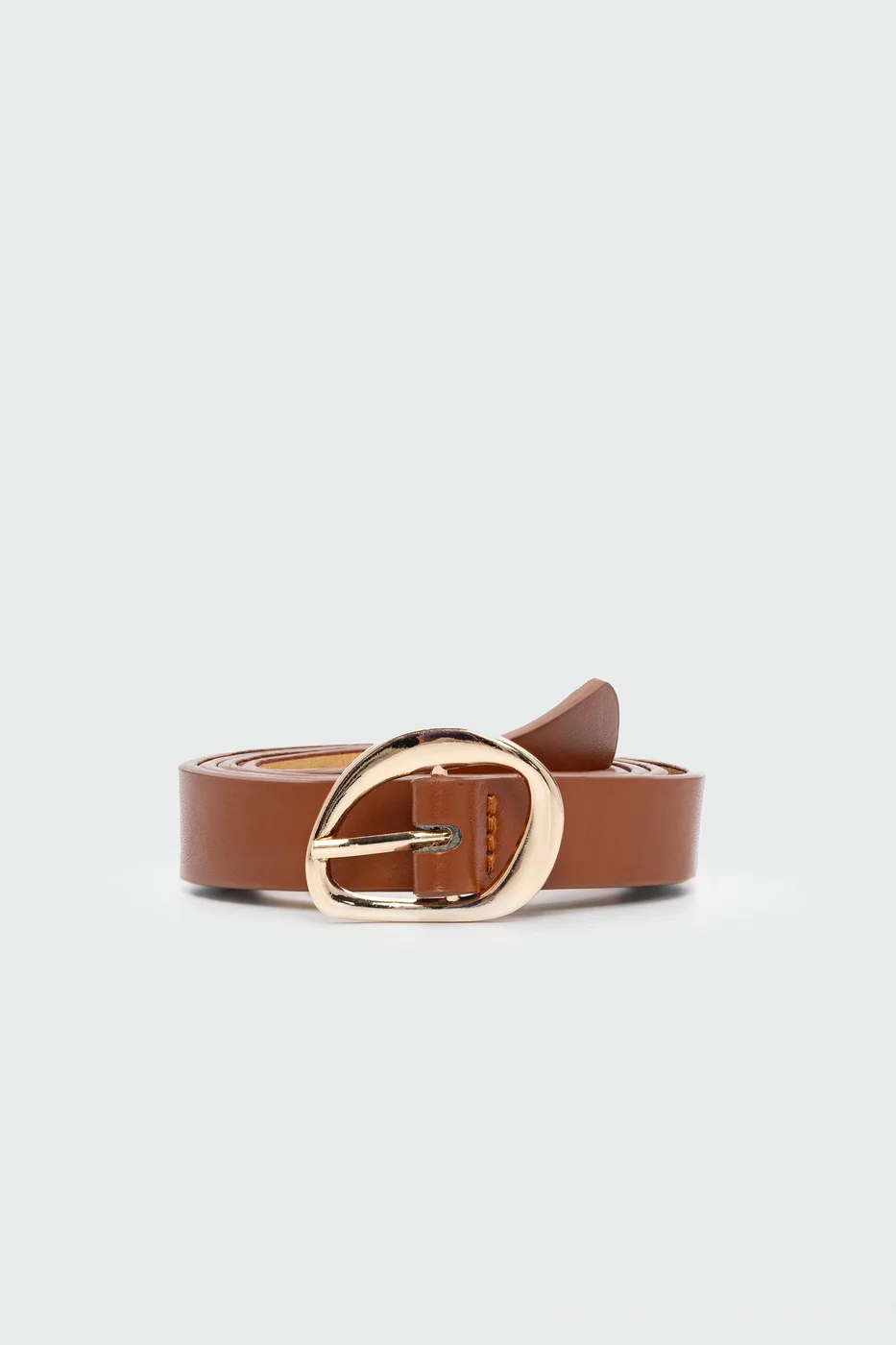 Faux leather belt with asymmetrical buckle in tan
