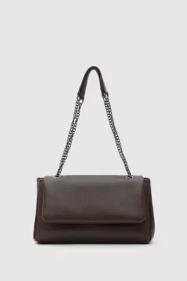 Faux leather shoulder bag with chain strap in dark brown