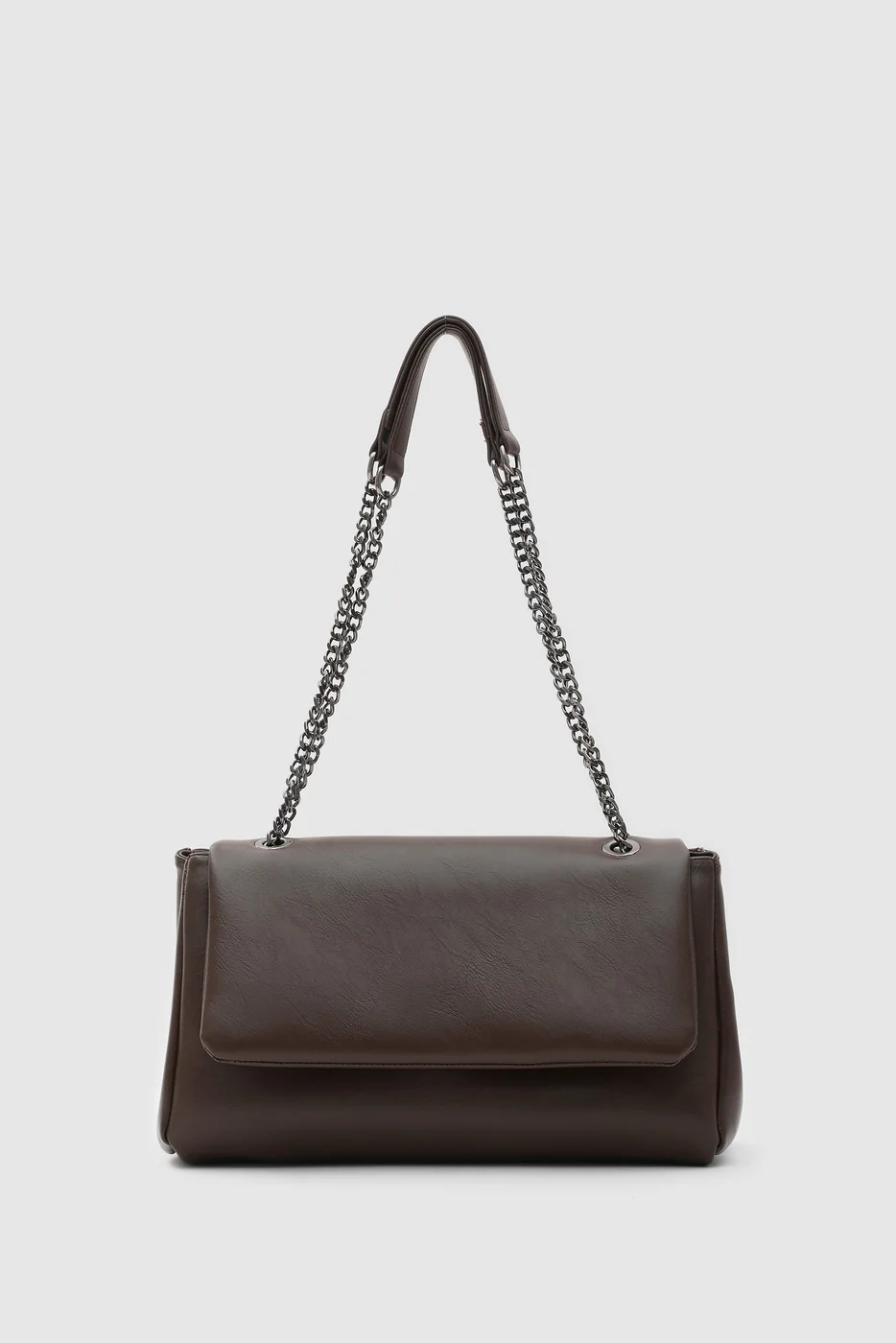 Faux leather shoulder bag with chain strap in dark brown