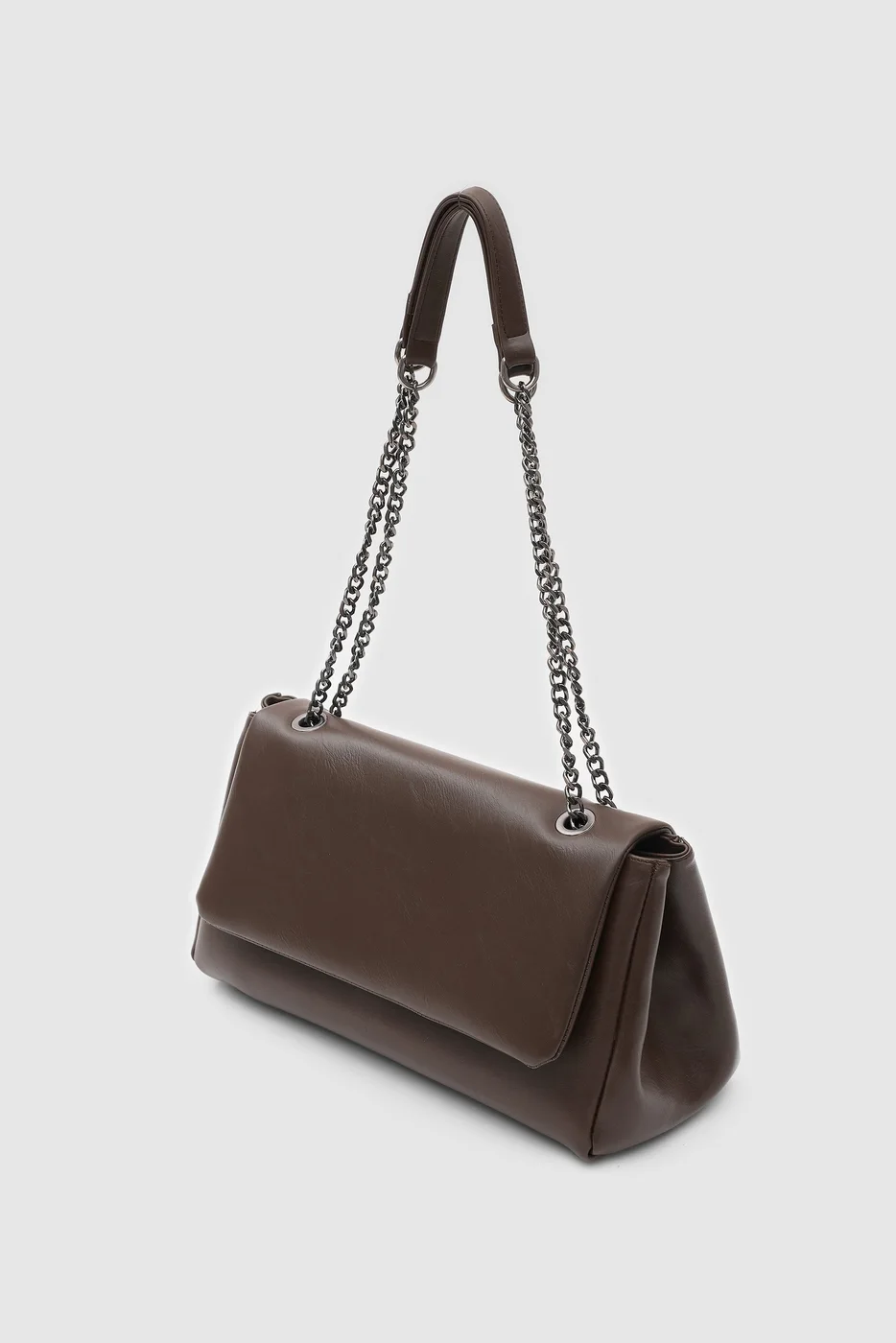 Faux leather shoulder bag with chain strap in dark brown