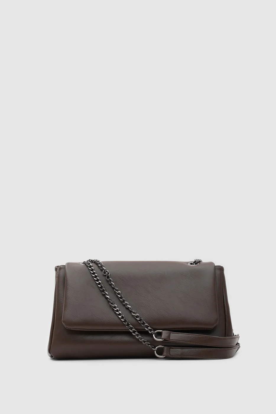 Faux leather shoulder bag with chain strap in dark brown