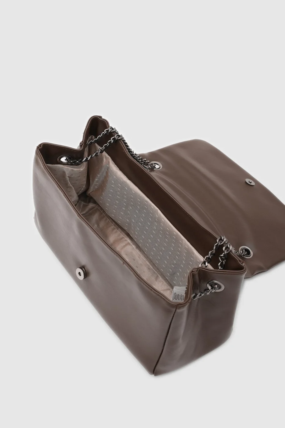 Faux leather shoulder bag with chain strap in dark brown