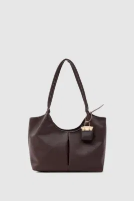 faux leather shoulder bag in dark brown