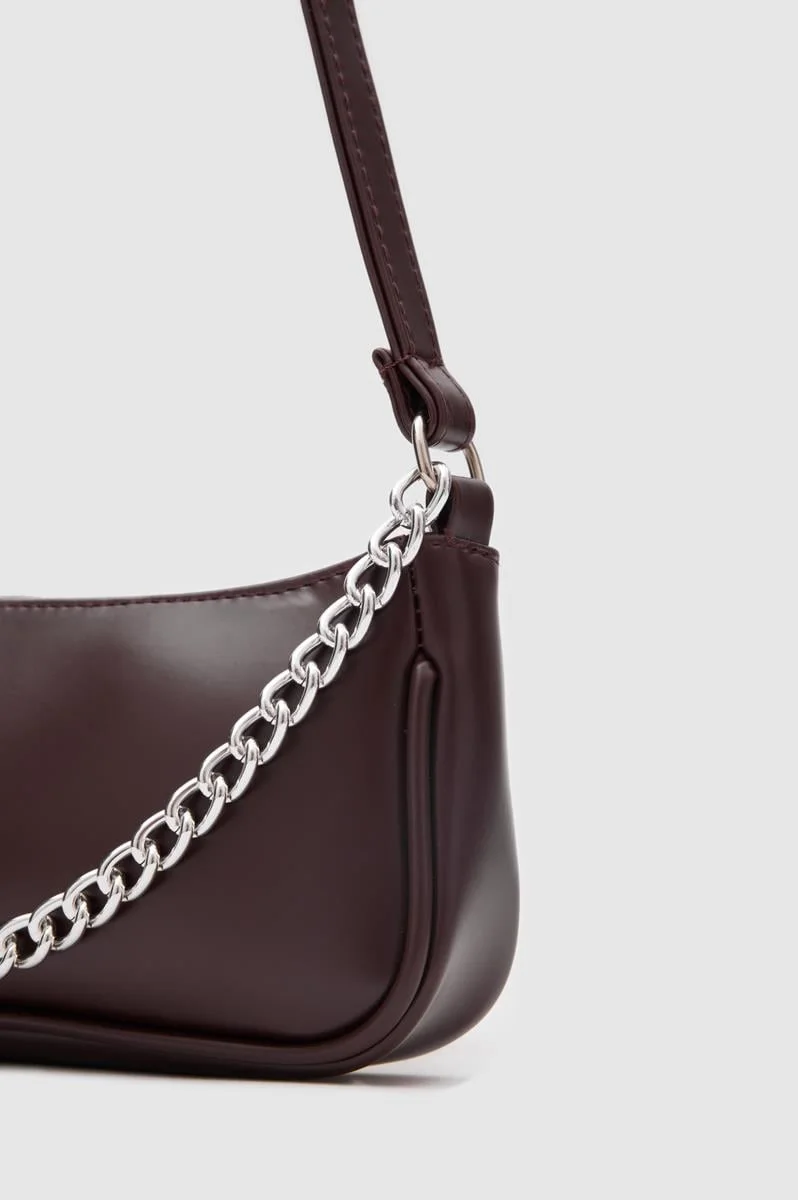 Faux leather baguette bag in dark brown