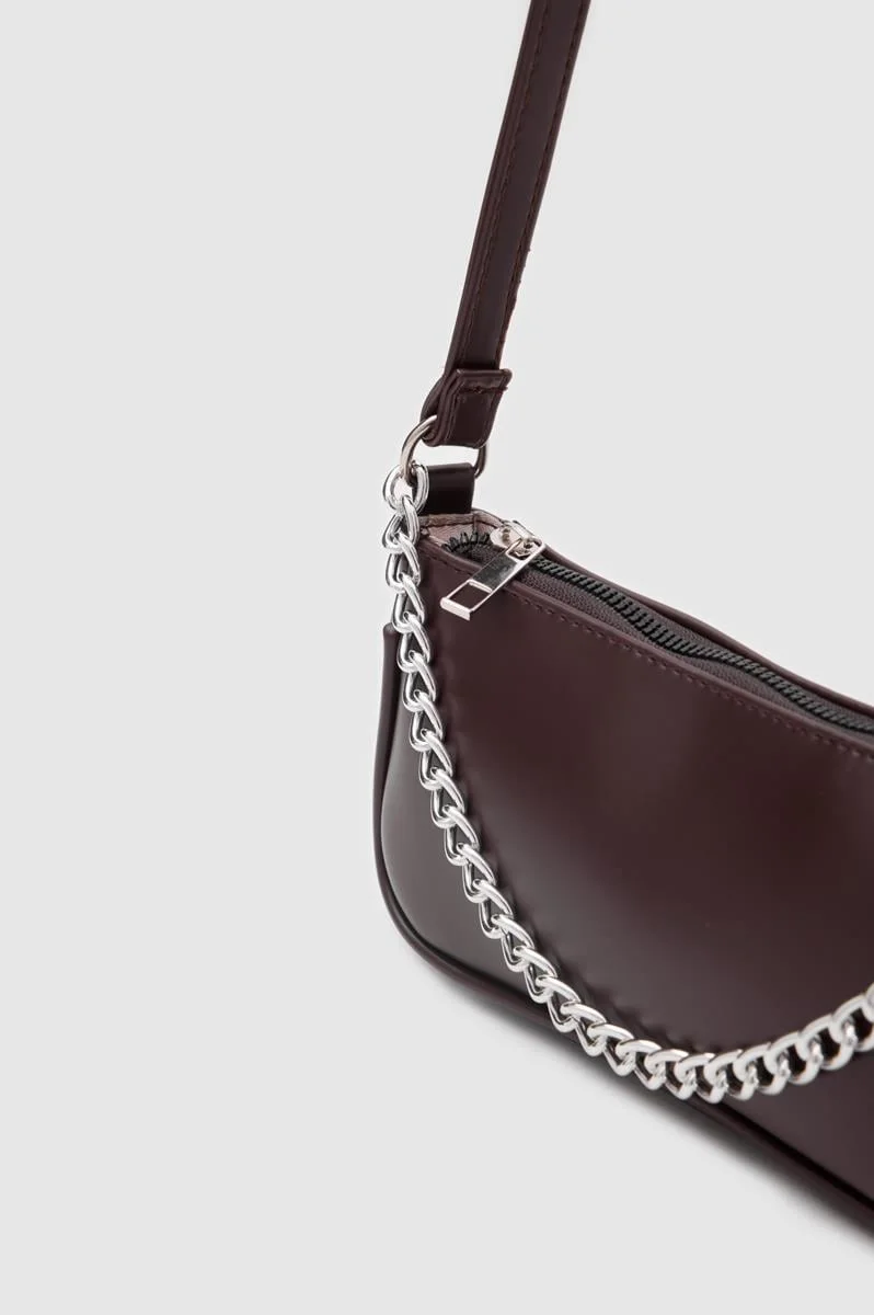 Faux leather baguette bag in dark brown