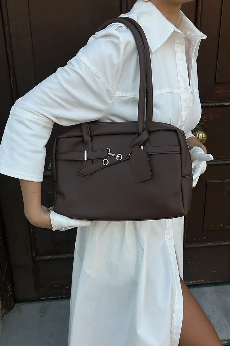 Faux leather shoulder bag in dark brown
