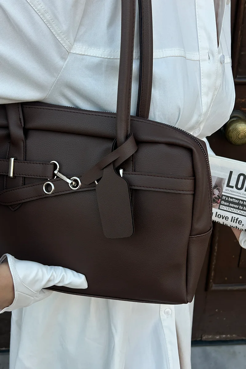 Faux leather shoulder bag in dark brown