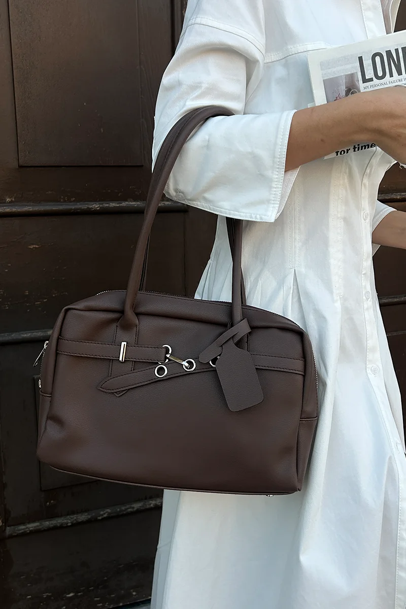Faux leather shoulder bag in dark brown