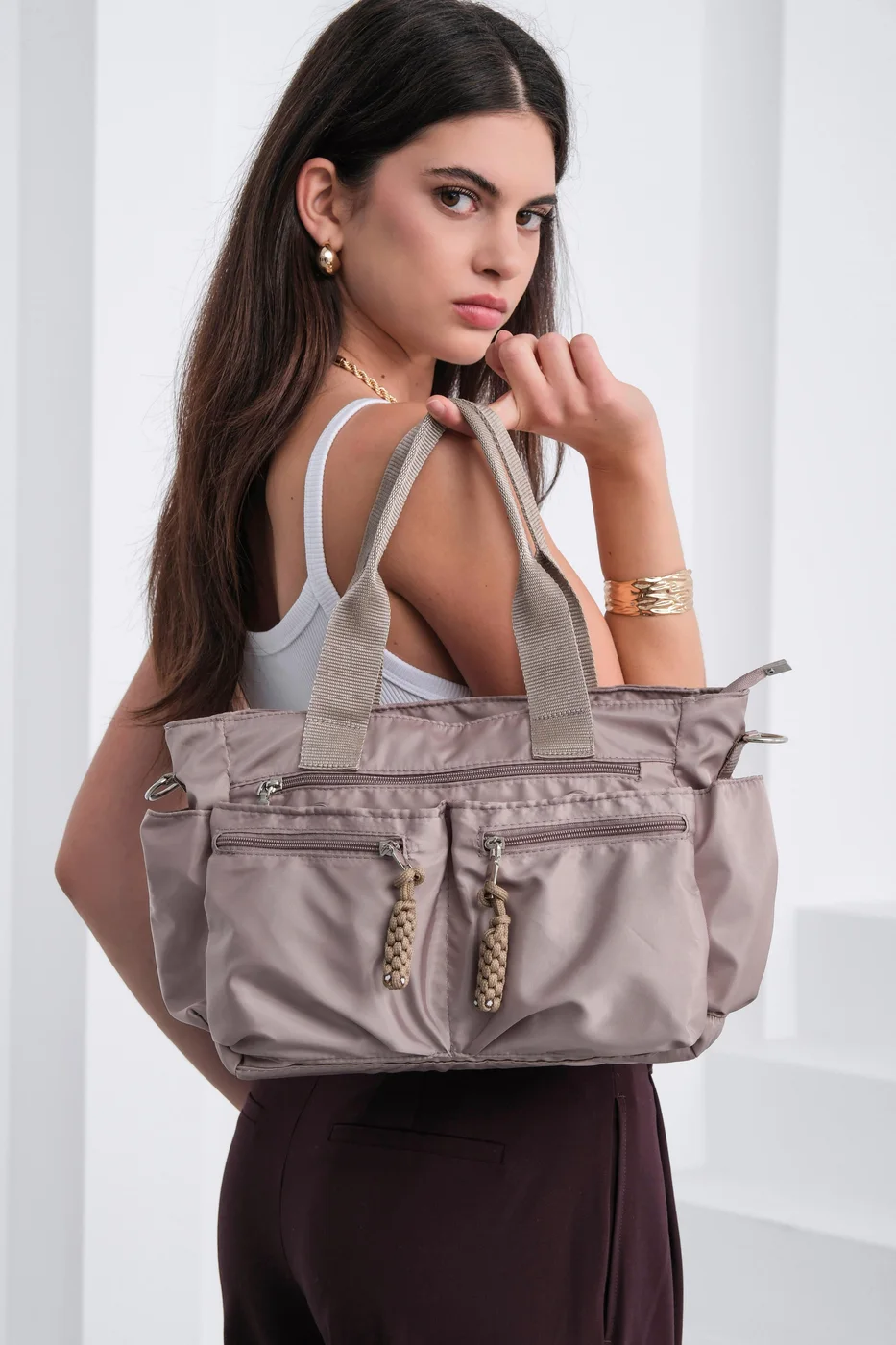 Faux leather shoulder bag in taupe