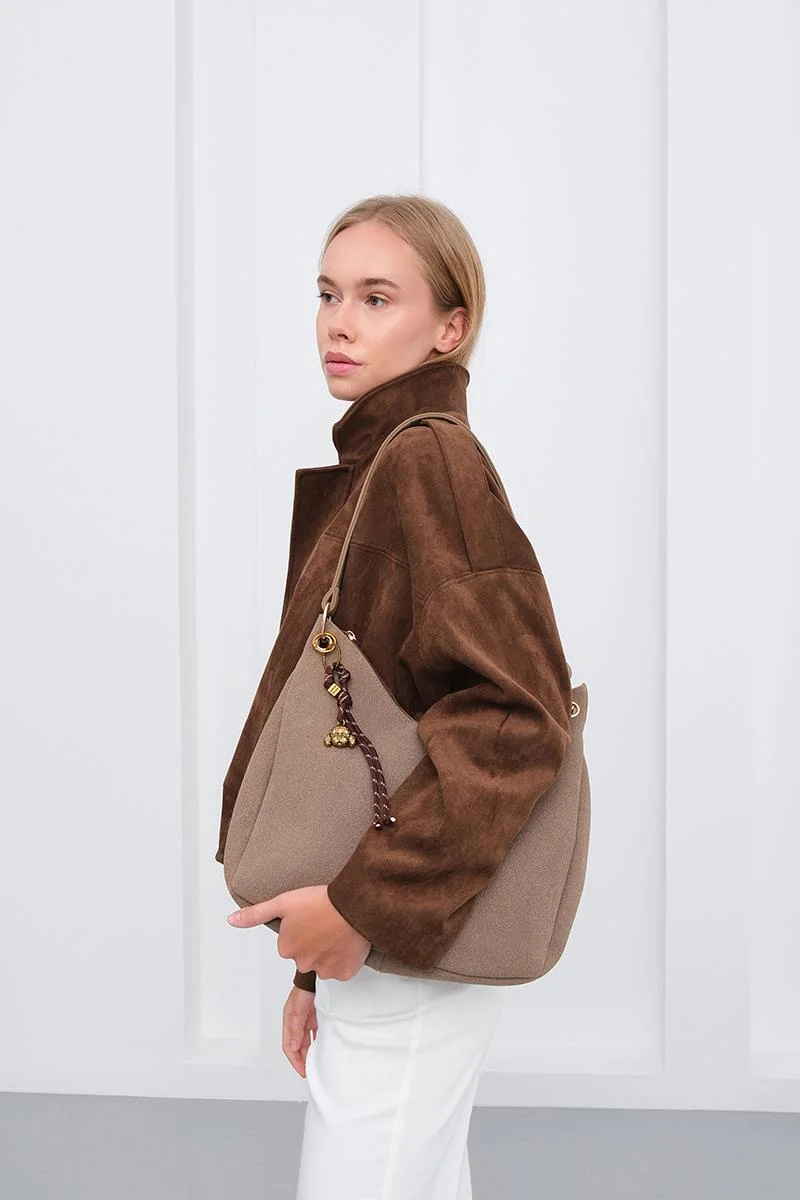faux suede shoulder bag faux suede shoulder bag in taupe