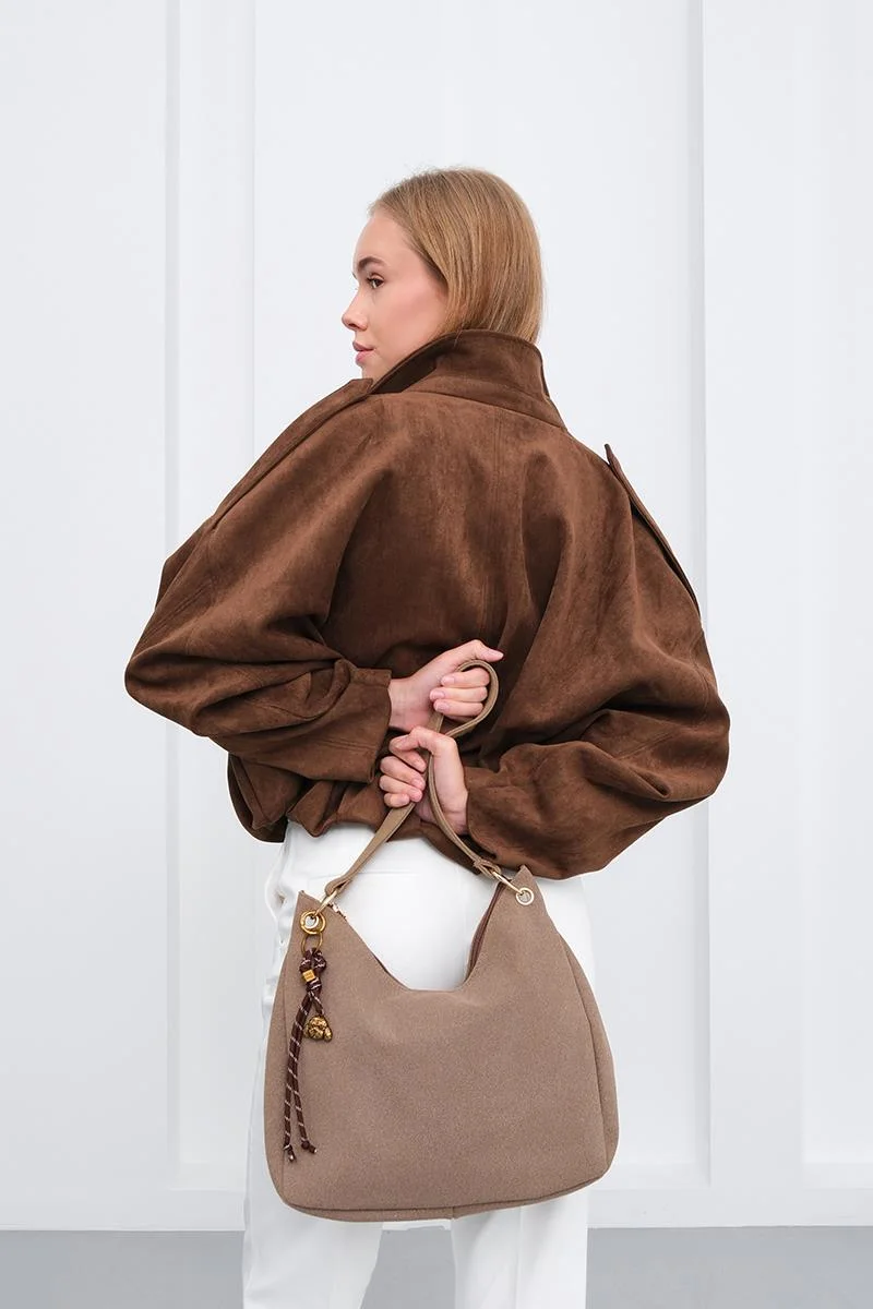faux suede shoulder bag faux suede shoulder bag in taupe