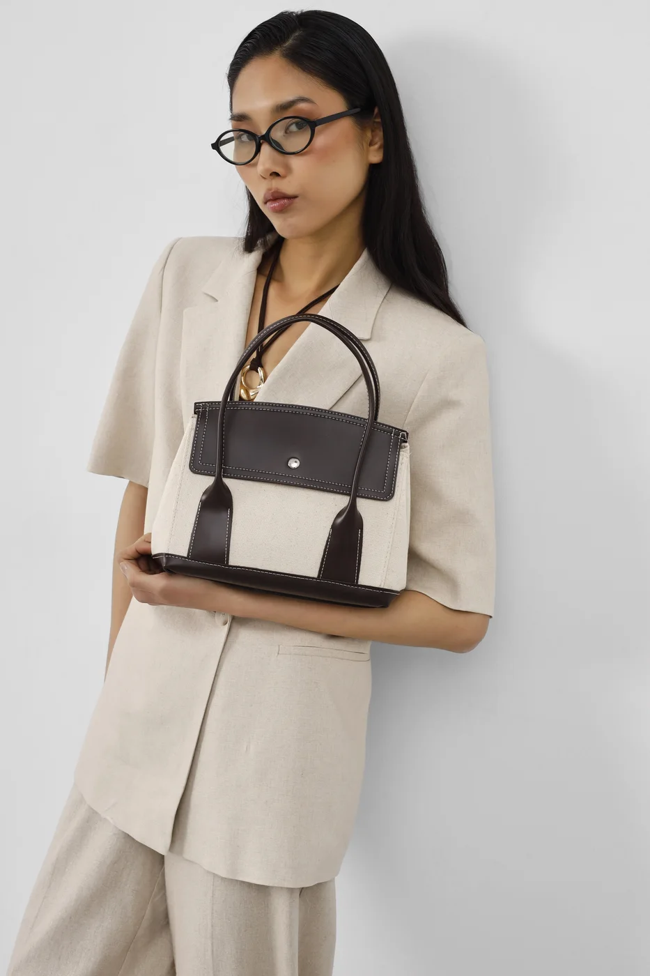 canvas bag with faux suede trim in brown