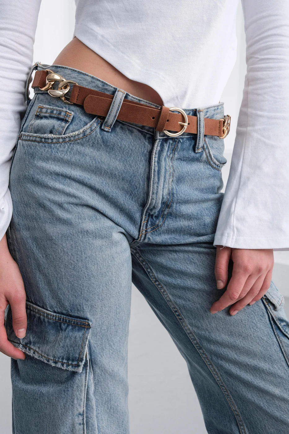 faux suede belt with chain detail in tan