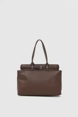 Faux leather shoulder bag with stylish design in dark brown