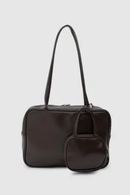 faux leather shoulder bag in dark brown