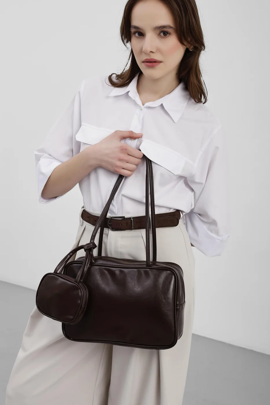 faux leather shoulder bag faux leather shoulder bag in dark brown