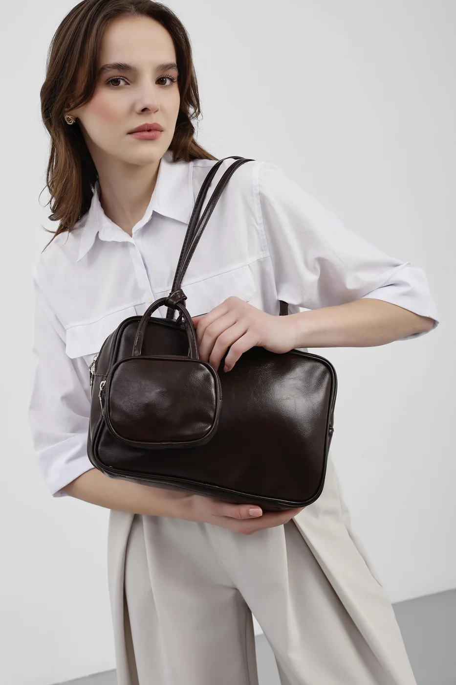 faux leather shoulder bag faux leather shoulder bag in dark brown