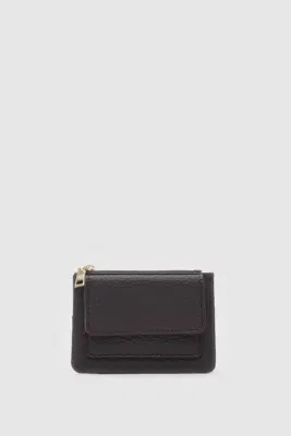 Faux leather card holder with coin pocket in brown