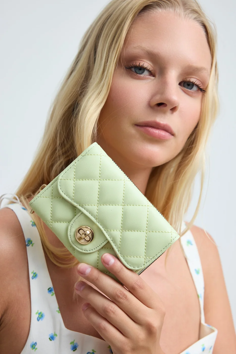 Faux leather wallet with embroidery detail in mint