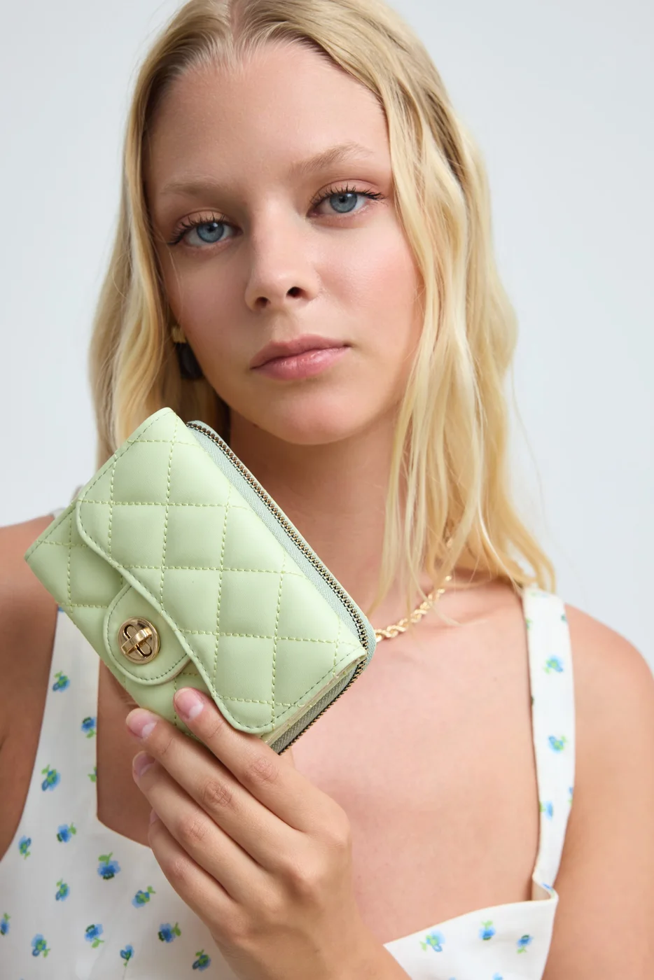 Faux leather wallet with embroidery detail in mint