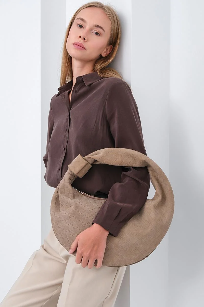 faux suede shoulder bag in taupe