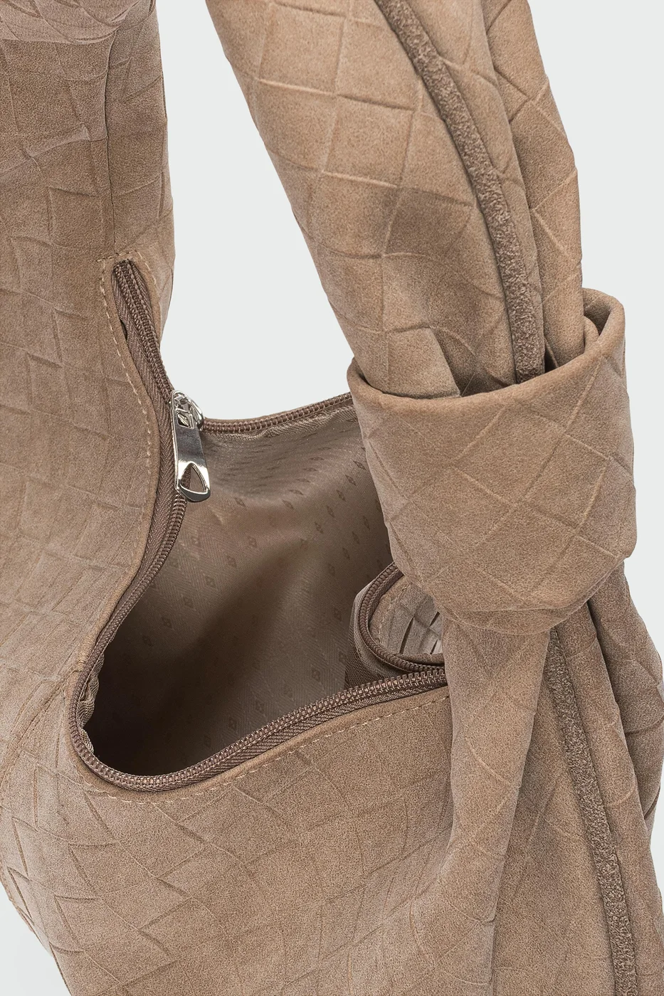 faux suede shoulder bag in taupe