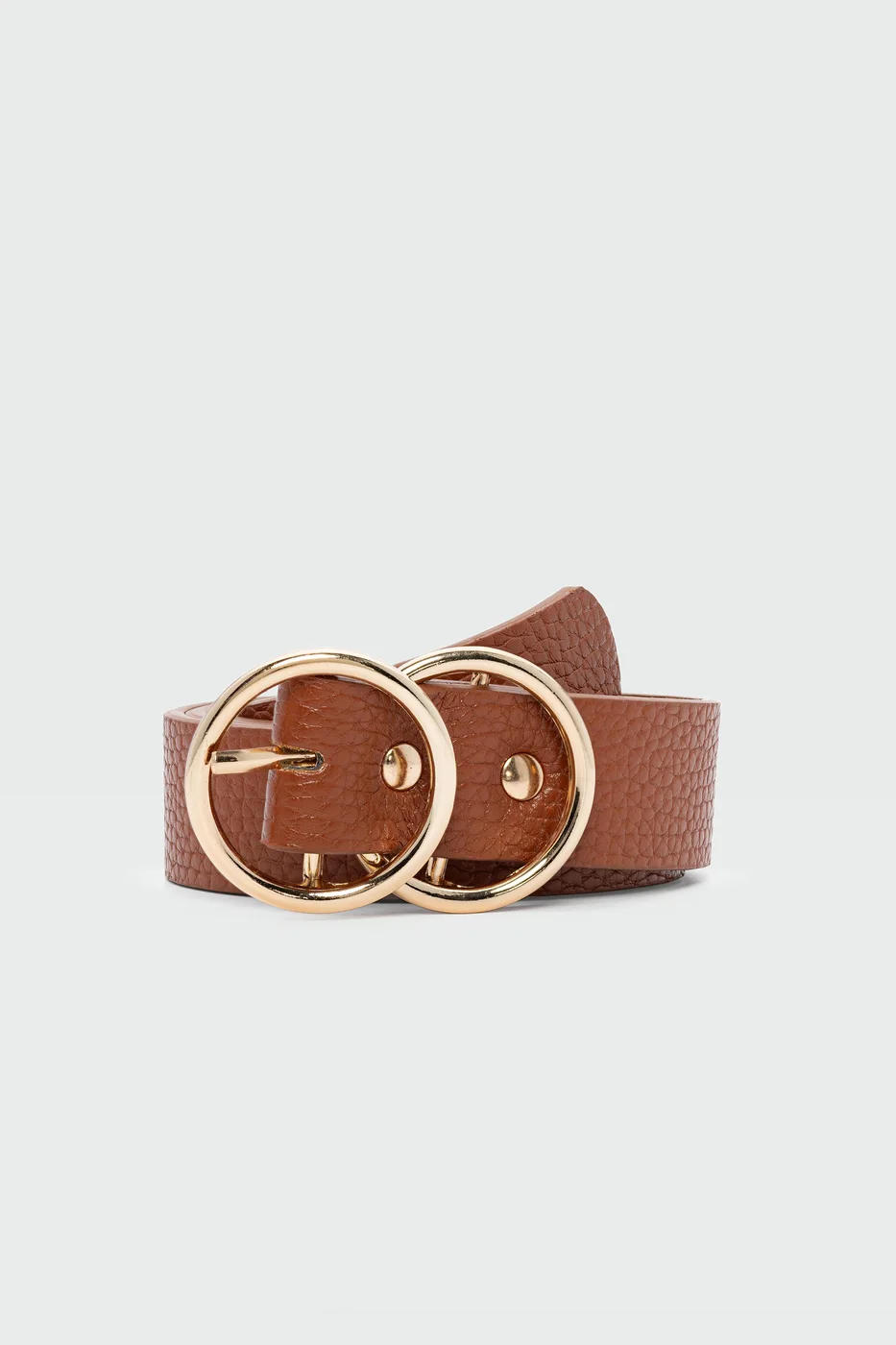 faux leather belt with double round buckle in tan