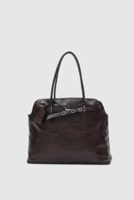 Faux leather shoulder bag in dark brown