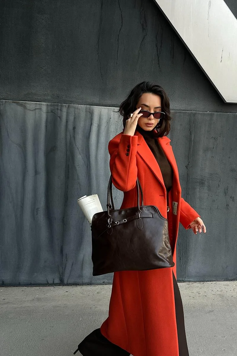 Faux leather shoulder bag in dark brown