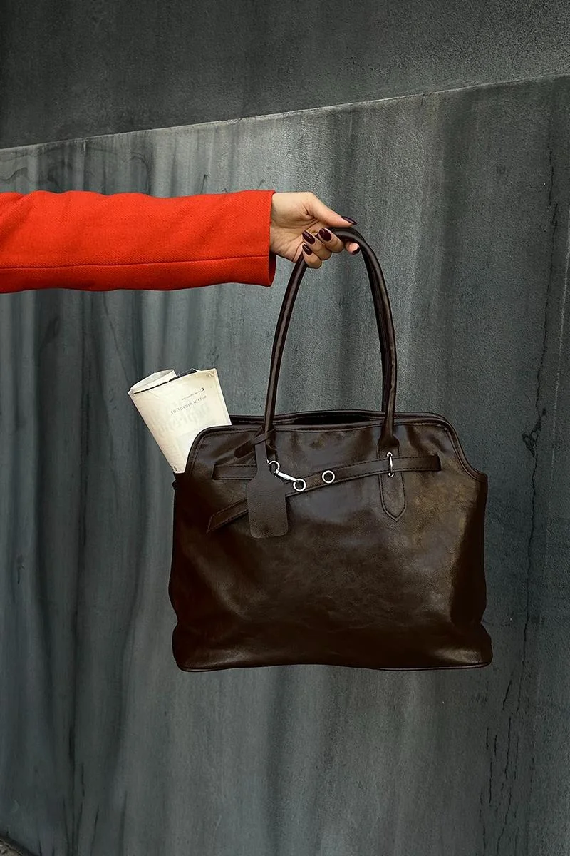 Faux leather shoulder bag in dark brown