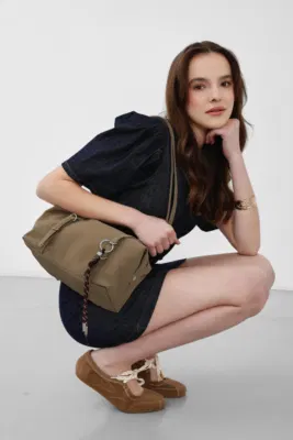 Faux leather shoulder bag in taupe