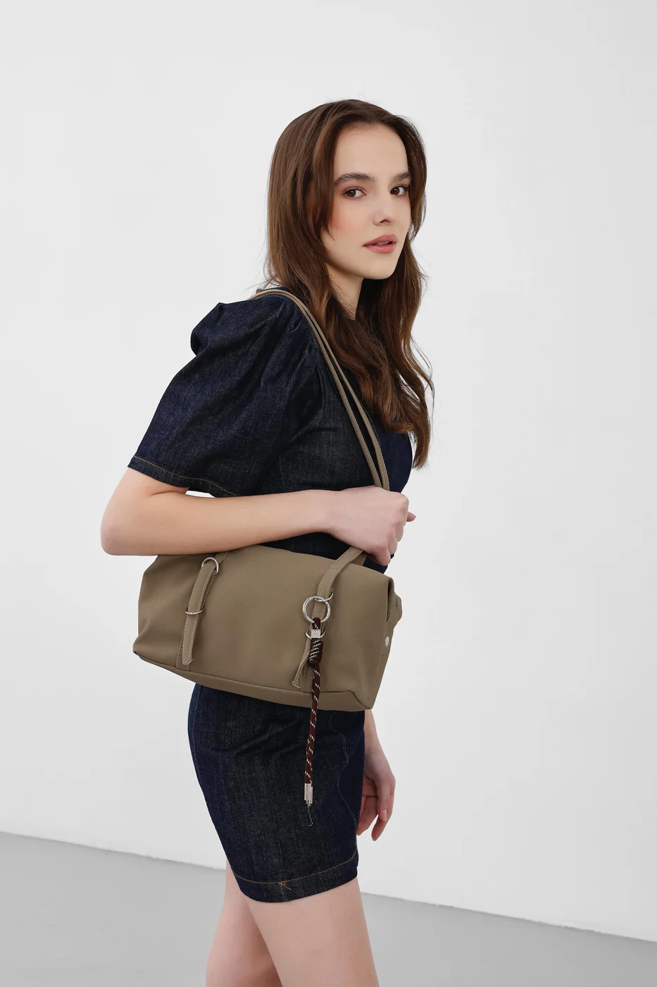 Faux leather shoulder bag in taupe