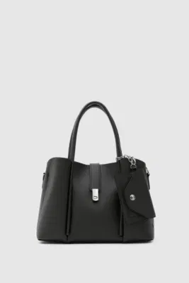 Faux leather shoulder bag with charm in black