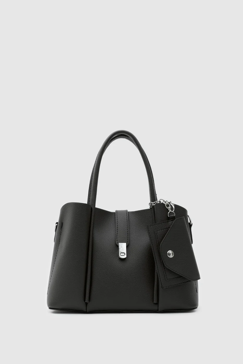 Faux leather shoulder bag with charm in black