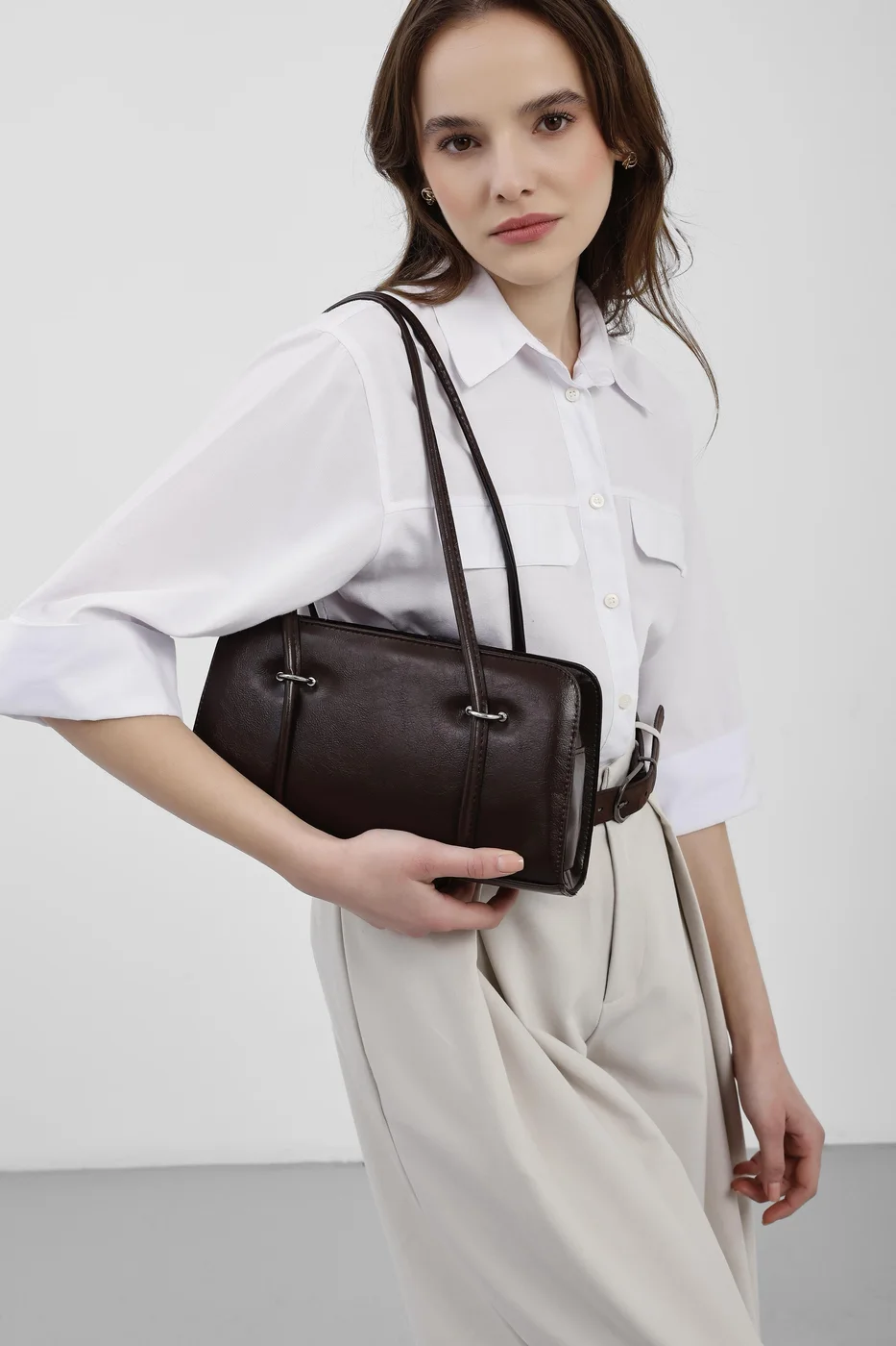 Faux Leather Baguette Bag in dark brown