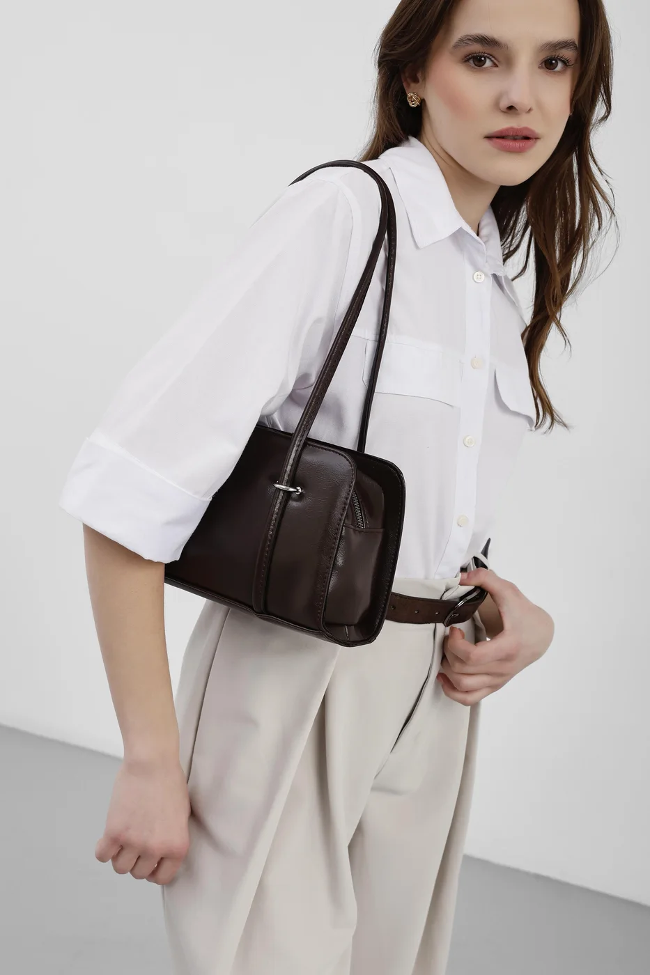 Faux Leather Baguette Bag in dark brown