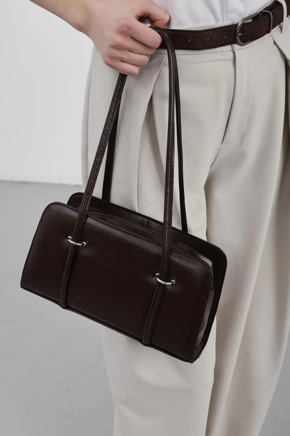 Faux Leather Baguette Bag in dark brown