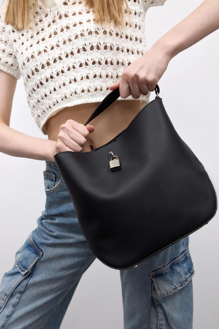 Faux leather shoulder bag in black